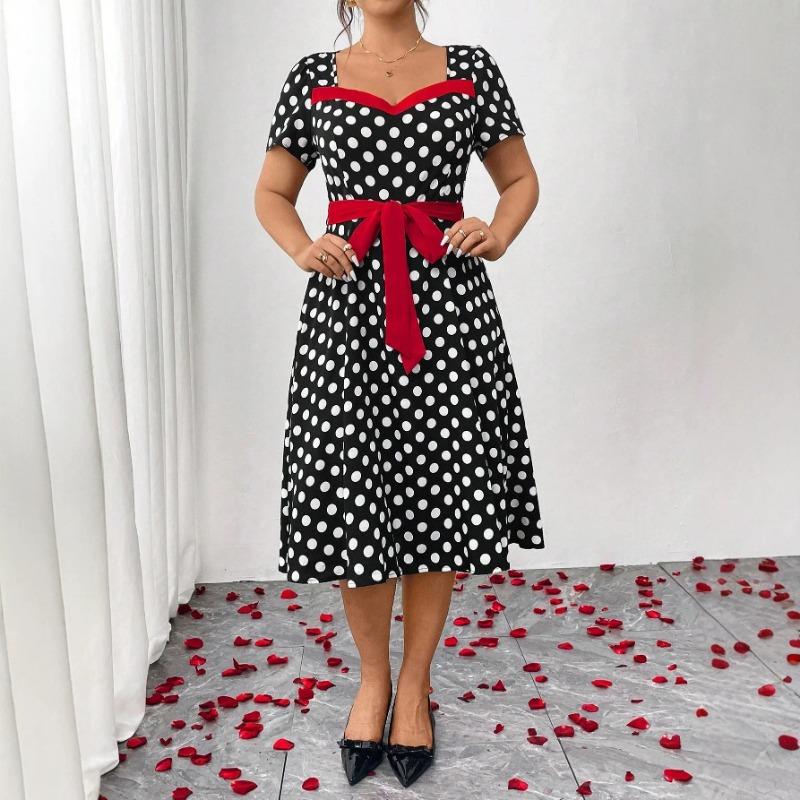 Plus Size Polka Dot Color Block Waisted Knee Length Square Neck Women Summer Dress