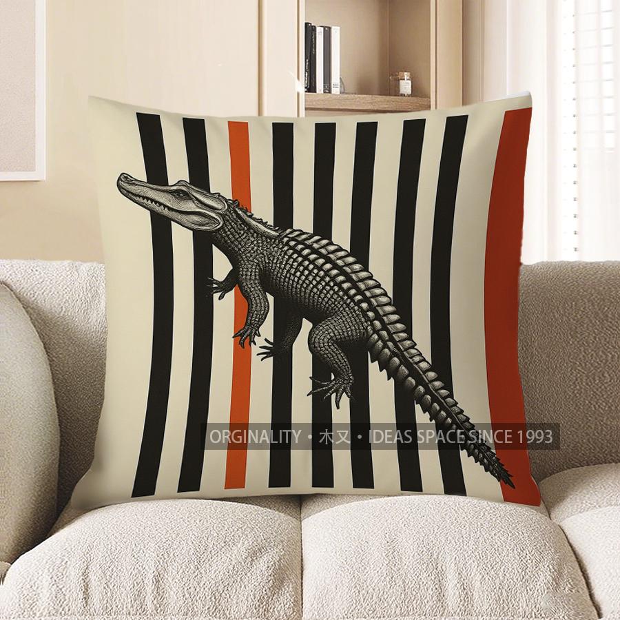 Home Decor Black  & White Crocodile On Stripes Throw Pillow Pattern Cushion Cover Suitable For Sofa Bedroom Car Pillow Cover 40x40cm