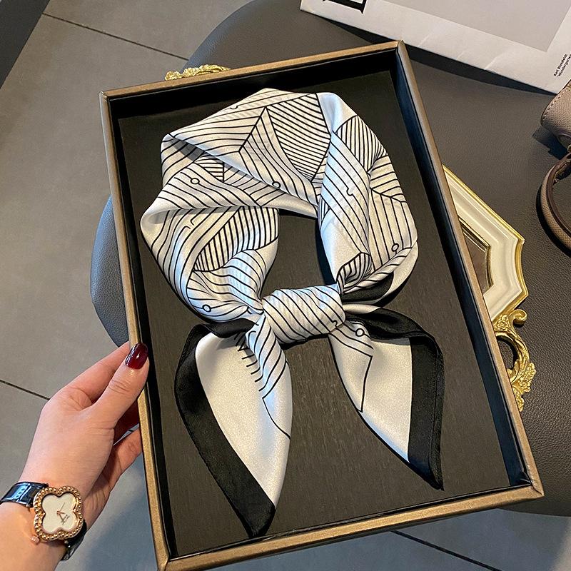 Luxury Design Silk Skinny Scarf Bag Handle Ribbon Ladies Little Cat Print Headband Small Hair Scarves Band Female Handkerchief