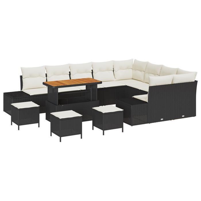 Ensemble de Canapés de Jardin 13 Pièces avec Coussins Noir Poly Rattan Acacia, Ensemble de salle à manger jardin Pièces 3362830