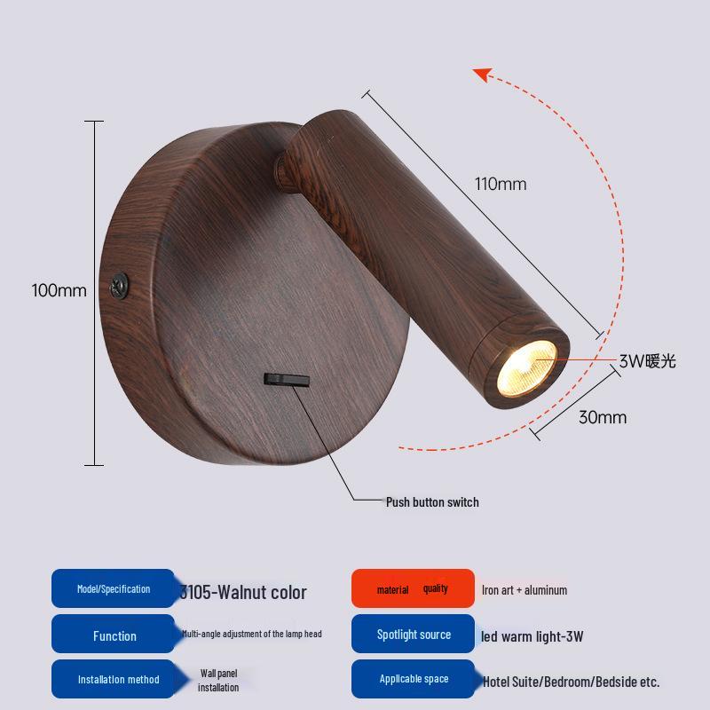 Walnut Wall Lamp with Switch - Bedroom & Hotel Bedside Reading Light