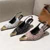 Fashion Luxury Designer Thin High Heels Women Sexy Metal Pointed Toe Heeled Sandals Summer Elegant Slingback Pumps Party Dress Shoes