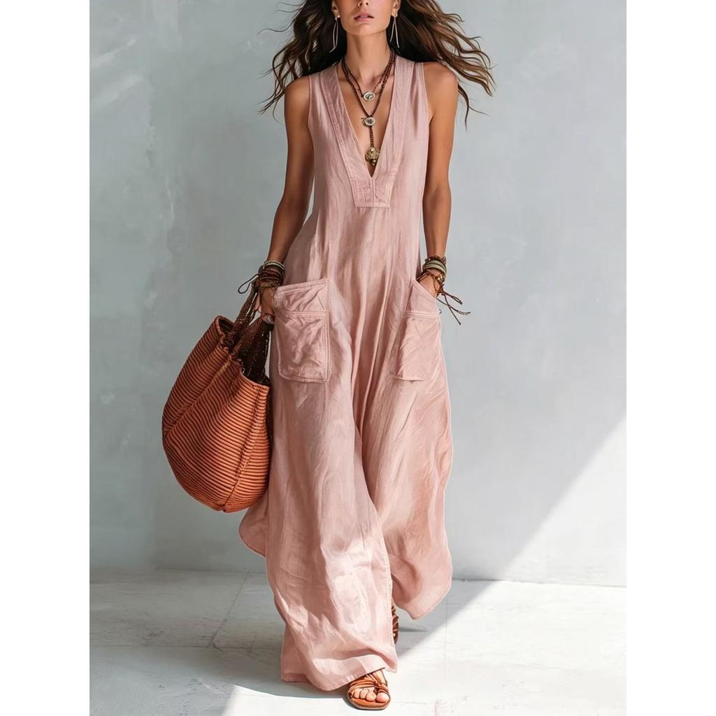 Women's Sleeveless Deep V Neck Loose Wide Leg Jumpsuit Solid Pocket Maxi Jumpsuit Casual Vacation Romper