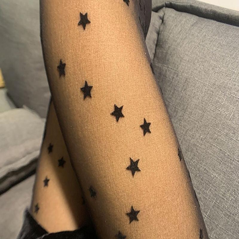 Women Sexy Tight Star Print Seamless-Pantyhose Stockings No-snagging Hose Sexy Lingerie-Patterned Tight Black White