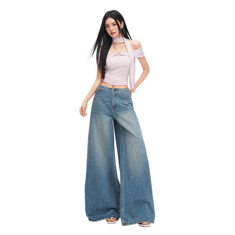 2026 Spring Women's Retro Wide-Leg Jeans: Waistless, Versatile, Loose, Slimming, Floor-Length Pants