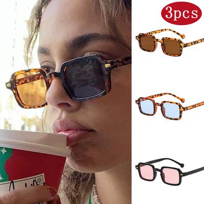 3set Fashion Rivets Square Sunglasses Women Vintage Gradient Shades Men Leopard Blue UV400 Sun Glasses