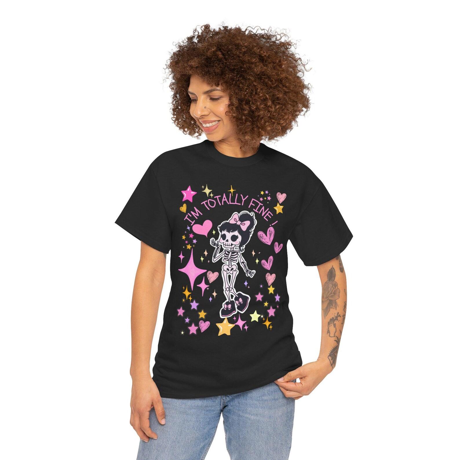 Totally Fine Skeleton Girl Tee | Cute Goth Skull, Hearts & Stars S