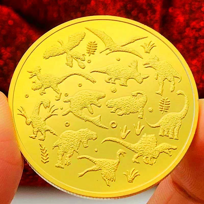 Dinosaur Animal Tyrannosaurus Rex Gold Plated Color Printing Commemorative Medal Creative Craft Gold Coin Velociraptor Children's Gift Coin