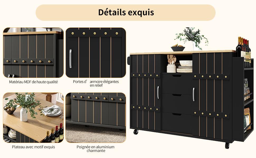 Mobile da Cucina, Carrello da Portata, Carrello da Cucina con Ruote, Piano di Lavoro, Portaspezie e Portasciugamani, Isola da Cucina con Ante Scorrevoli e Cassetti, Nero