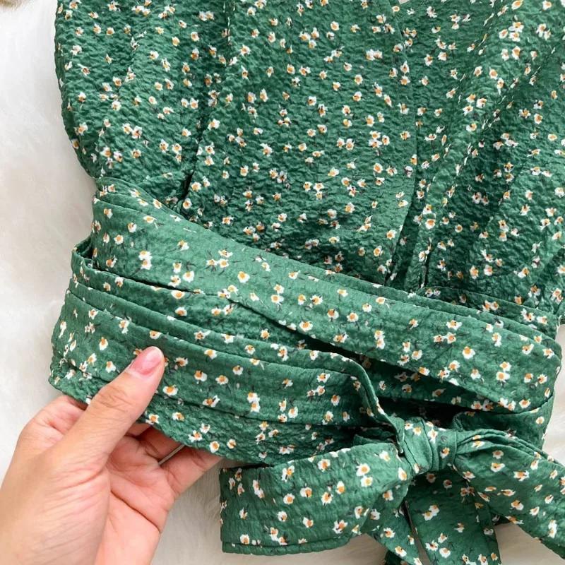WTEMPO Fashion Green Floral Print Blouse Sleeveless Halter Shirt Lace Up Tops Tee Casual Summer Female Blusas Pullover Vests