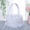 Flower Girl Basket White Small Satin Cloth Baskets with Lace and Multi Cute Faux Flowers Decor for Wedding Ceremony