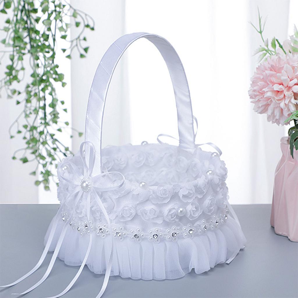 Flower Girl Basket White Small Satin Cloth Baskets with Lace and Multi Cute Faux Flowers Decor for Wedding Ceremony