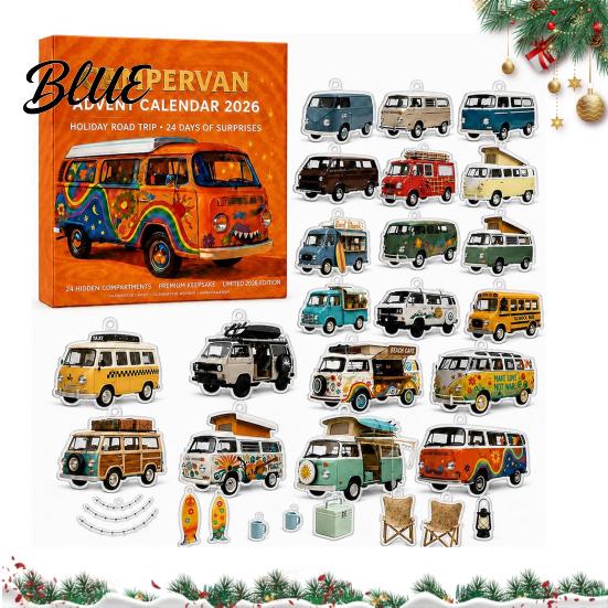 Retro RV Holiday Countdown 24-Day Camping Van Advent Calendar Acrylic Hanging Ornament Set with Desktop Christmas Display 24 Unique Designs,