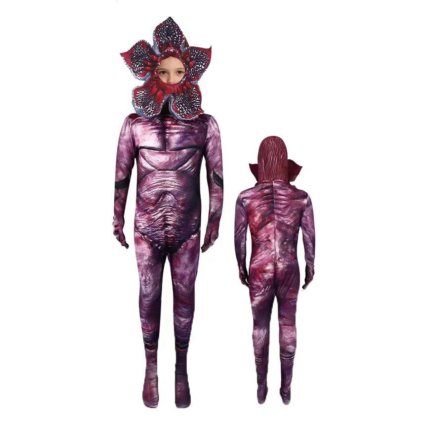 Nwe Men And Women Ugly Demogorgon Cosplay Costume Scary Full Body Jumpsuit Monster Suit with Mask Halloween Carneval Suit