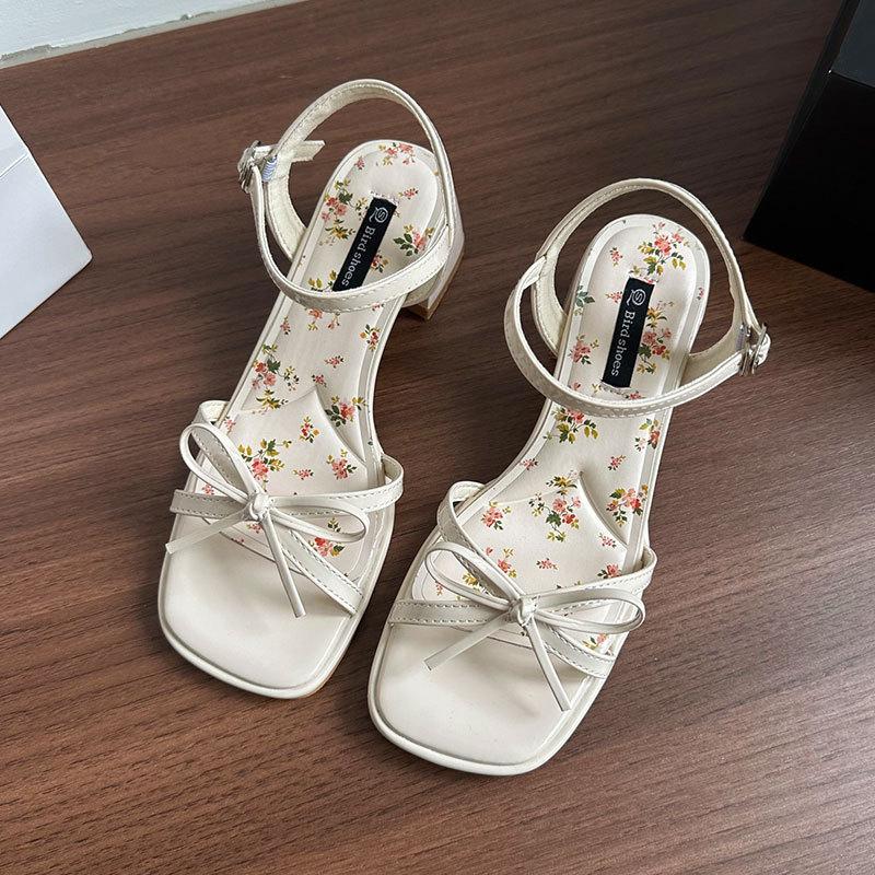 High heel thick heel sandals women's summer 2025 new square head open toe word with bow Internet celebrity popular shoes