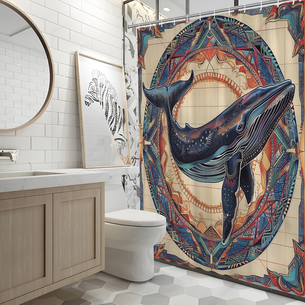 Whimsical Whale Shower Curtain - Intricate Tribal Art & Ocean Life Theme for Bathroom Decor,Adds Creativity and Cultural Charm