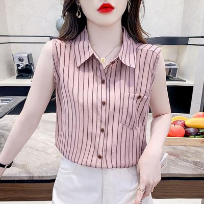 Elegante Polo-Ausschnitt lose ärmellose gestreifte Bluse Frauen Kleidung Sommer neue Casual Button Shirt