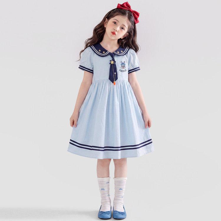 2026 Girls Academy Style Sailor Collar Midi Dress - Summer Short Sleeve with Embroidery 140 cm