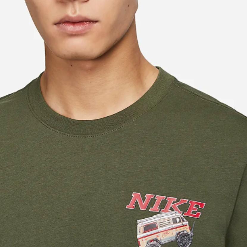 Nike Vzor s potiskem písmen Americký retro Žebrovaný kulatý výstřih Ležérní pohodlné Tričko s krátkým rukávem Pánské topy Khaki-zelená FQ3765-325