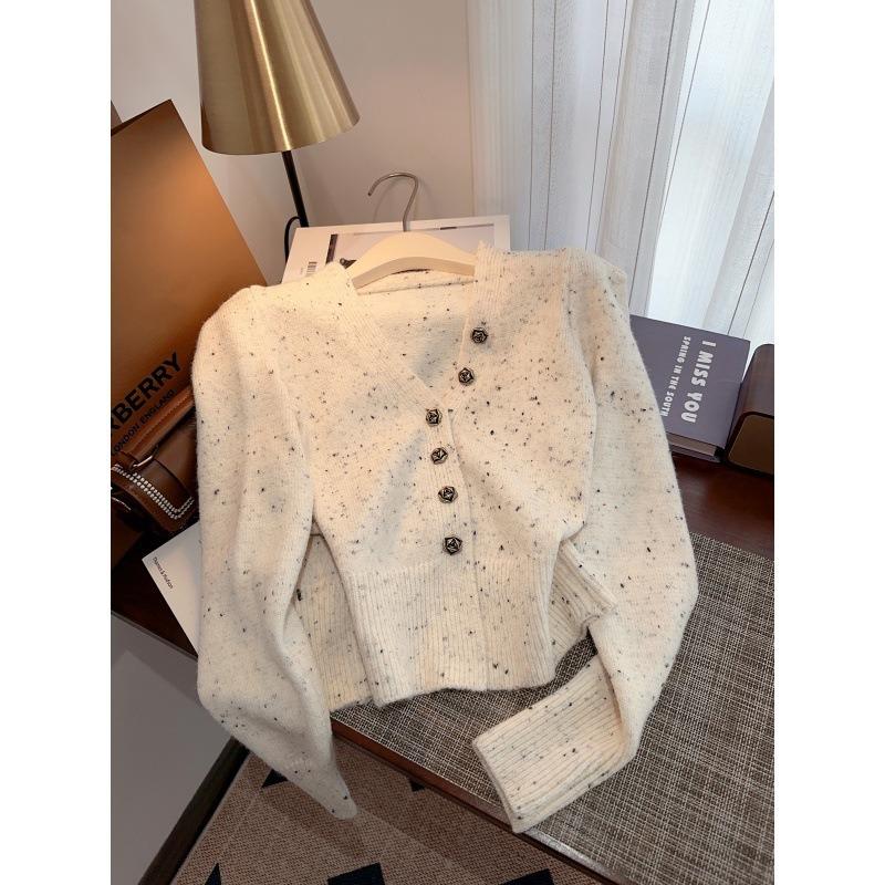 

Французский небольшой парфюм Стиль V-образный вырез кардиган свитер женский осень и зима дизайн Sense снежинка вязаная куртка нишевый шикарный топы one size