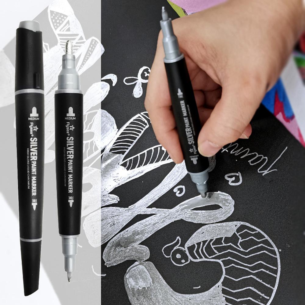 

FLYSEA FS-747 Silver Marker Pen 3.0mm 0.7mm Dual Tips Paint Pen for Glass Pebble Plastic Type A