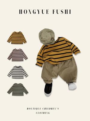 Korean Kids' Unisex Striped Cotton T-Shirt - Spring/Autumn Casual Round Neck