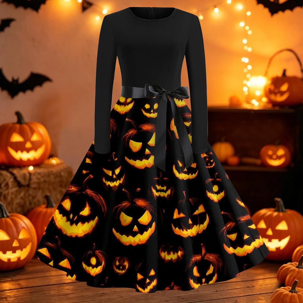 Women's Casual Long Sleeve Halloween Dress Fit and Flare Round Neck Dress with Printed Skirt and Waist Tie for Fall and Party