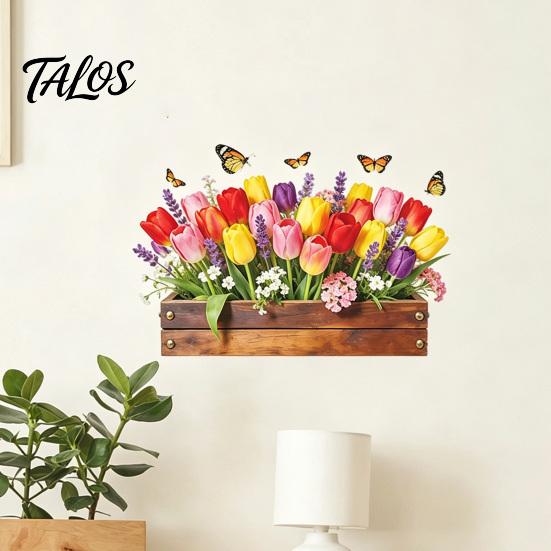 Talos Tulip Flower Wall Stickers, Peel And Stick Decals, Waterproof Vinyl Floral Removable Self-Adhesive Stickers,3D Wooden Box Butterfly Design