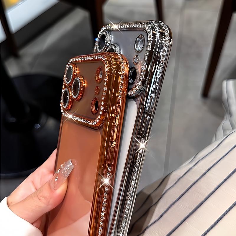 Luxury Bling Crystal Lens Film Phone Case for 11 12 13 14 15 16 17 ProMax Plus Air Clear Shockproof Silicone Bumper Cover