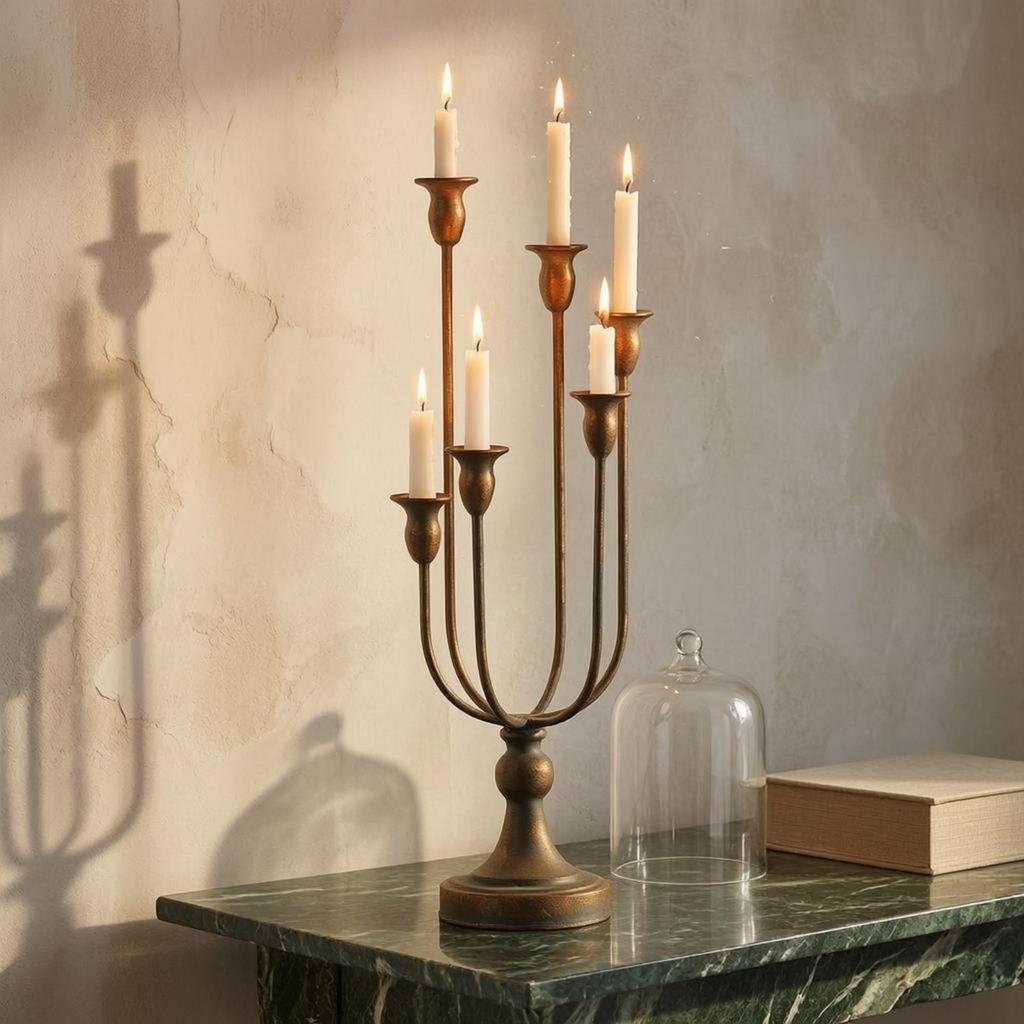 6 Arm Candelabra Worn Finish Tabletop Bronze Toned Iron Candle Stand