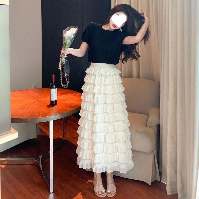 Large Size Women's Clothing Fat Sister Summer Splicing Layered Dress Vacation Cake Skirt Loose and Thin Hanging