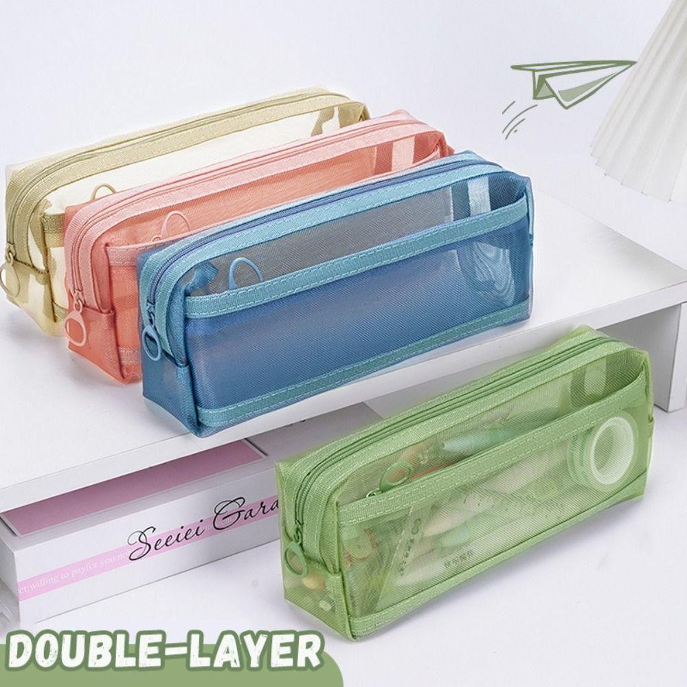 

Transparent Pen Bag Mesh Stationery Organizer Portable Pencil Case Gift рожевий