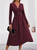 Women V Neck Long Sleeve Ruched Waist A Line Midi Dress Solid Color Casual Fit Flare Dress