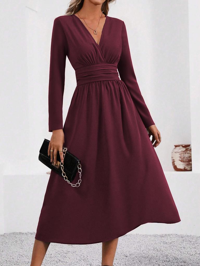 Women V Neck Long Sleeve Ruched Waist A Line Midi Dress Solid Color Casual Fit Flare Dress