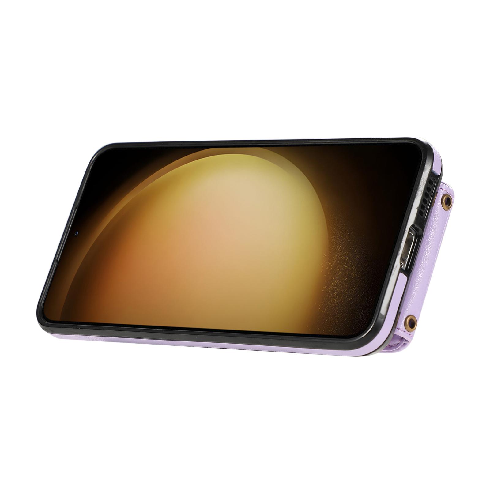 

For Samsung Galaxy S24 FE Case Card Holder Ring Kickstand TPU+PU Leather Phone Cover with Long Strap Purple