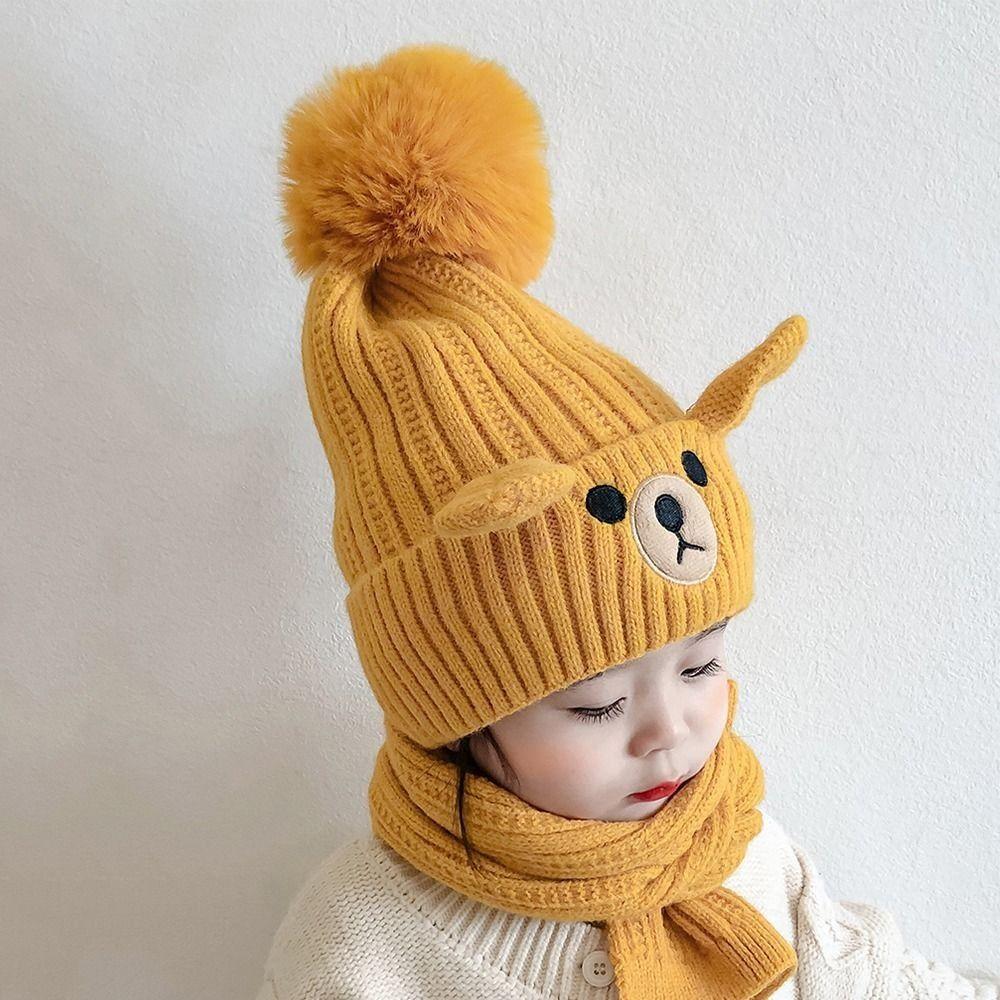 Knitting Wool Beanie Plush Warm Knitted Cap Comfortable Bear Children Scarf Hat Set Baby