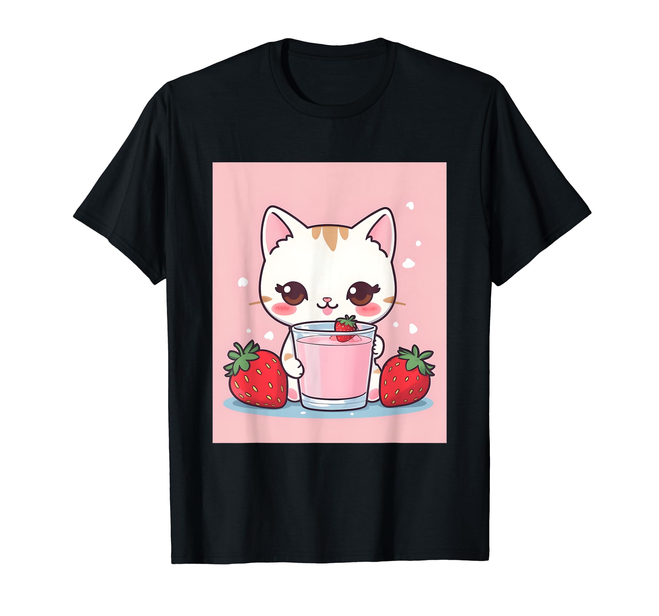 

strawberry things printed Kawaii, cat, milk, cute, Japanese, T-shirt чорний