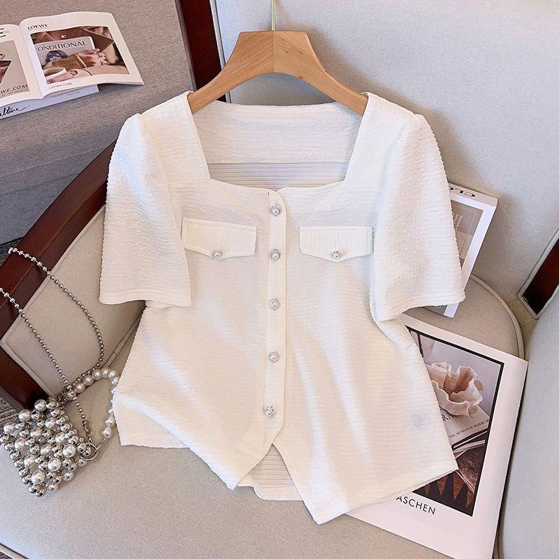 

Summer New Stylish Square Collar Blouse Solid Color All-match Women s Clothing Short Sleeve Commute Folds Button Elegant Shirt L белый