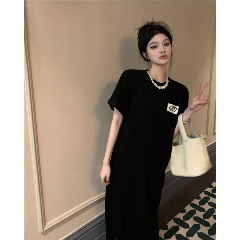Chic Printed T-shirt Dress Women's Summer Loose Split Mid-length Plus Size Dress