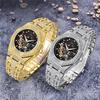 Men's Hip Hop Quartz Watch with Diamond-Set Alloy Band, Trendy and Cool with Calendar Feature.