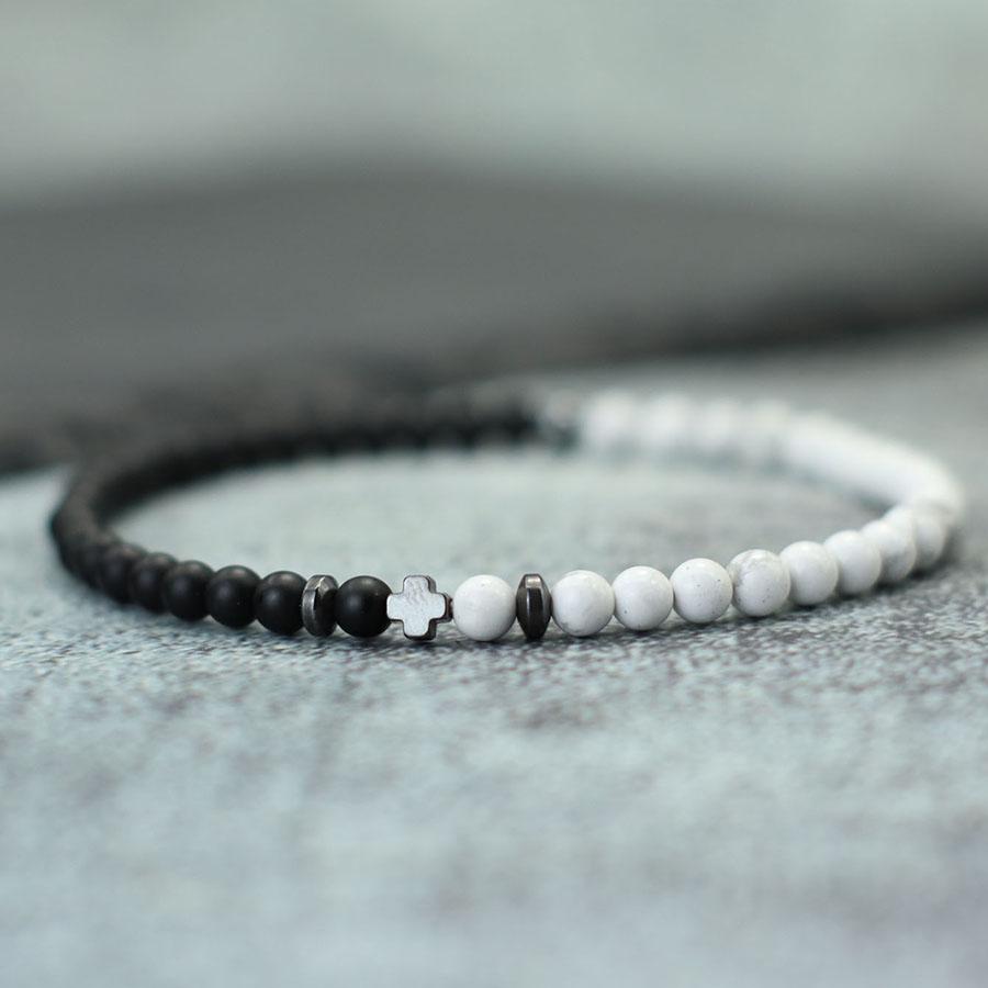 

New Handmade Cross Bracelet For Men Bicolor Black White 4mm Beads Strand Braslet Volcanic Rock Turquoises Stone Healing Braclet