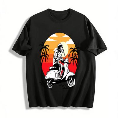 Retro Sunset Palm Tree Scooter Print Casual T-Shirt Pure Cotton T-shirt