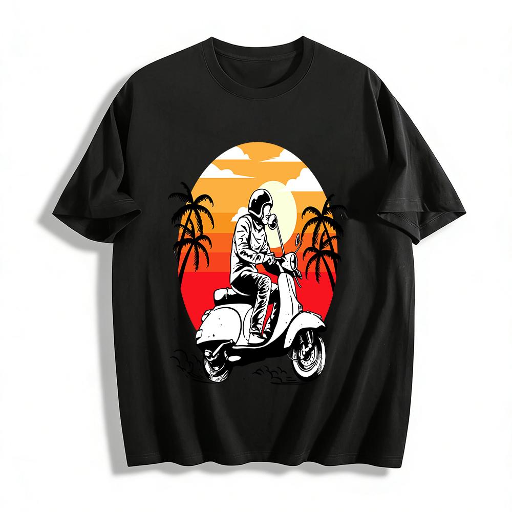 

Retro Sunset Palm Tree Scooter Print Casual T-Shirt Pure cotton T-shirt XXS
