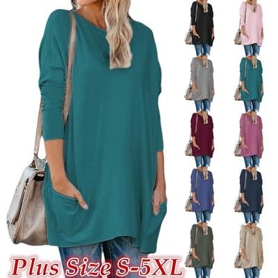 Women's Round Neck Long Sleeve T-shirt Pocket Top Plus Size Clothing