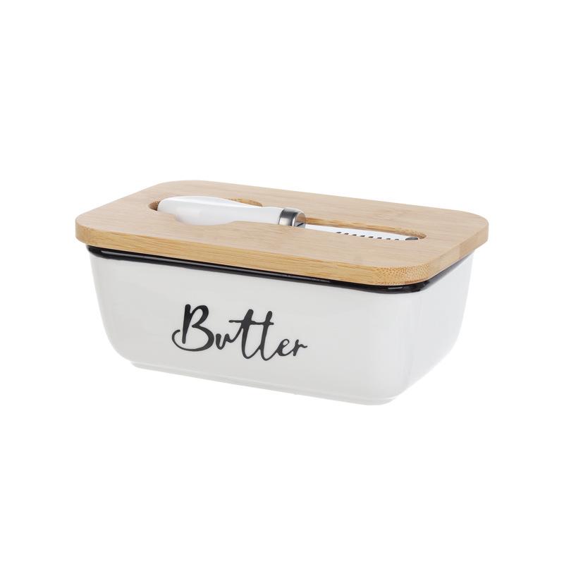 

Бамбуковая масленка с крышкой и набор из ножа из нержавеющей стали: Элегантный набор для подачи масла для повседневного использования белый