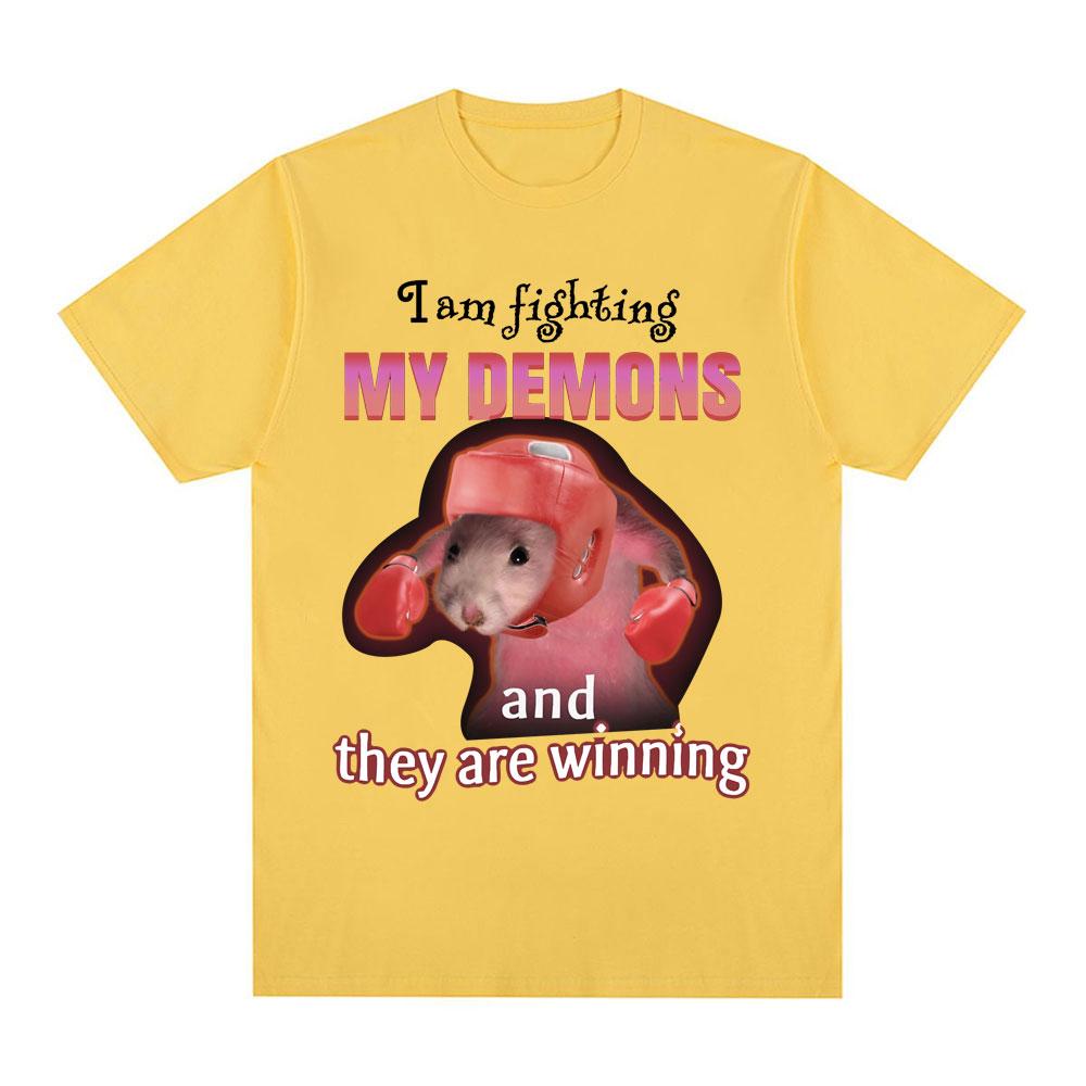 Funny I Am Fighting My Demons and The Are Winning Rat Meme T-shirt Men Fashion Creative T Shirts Short Sleeve Oversized T-shirts