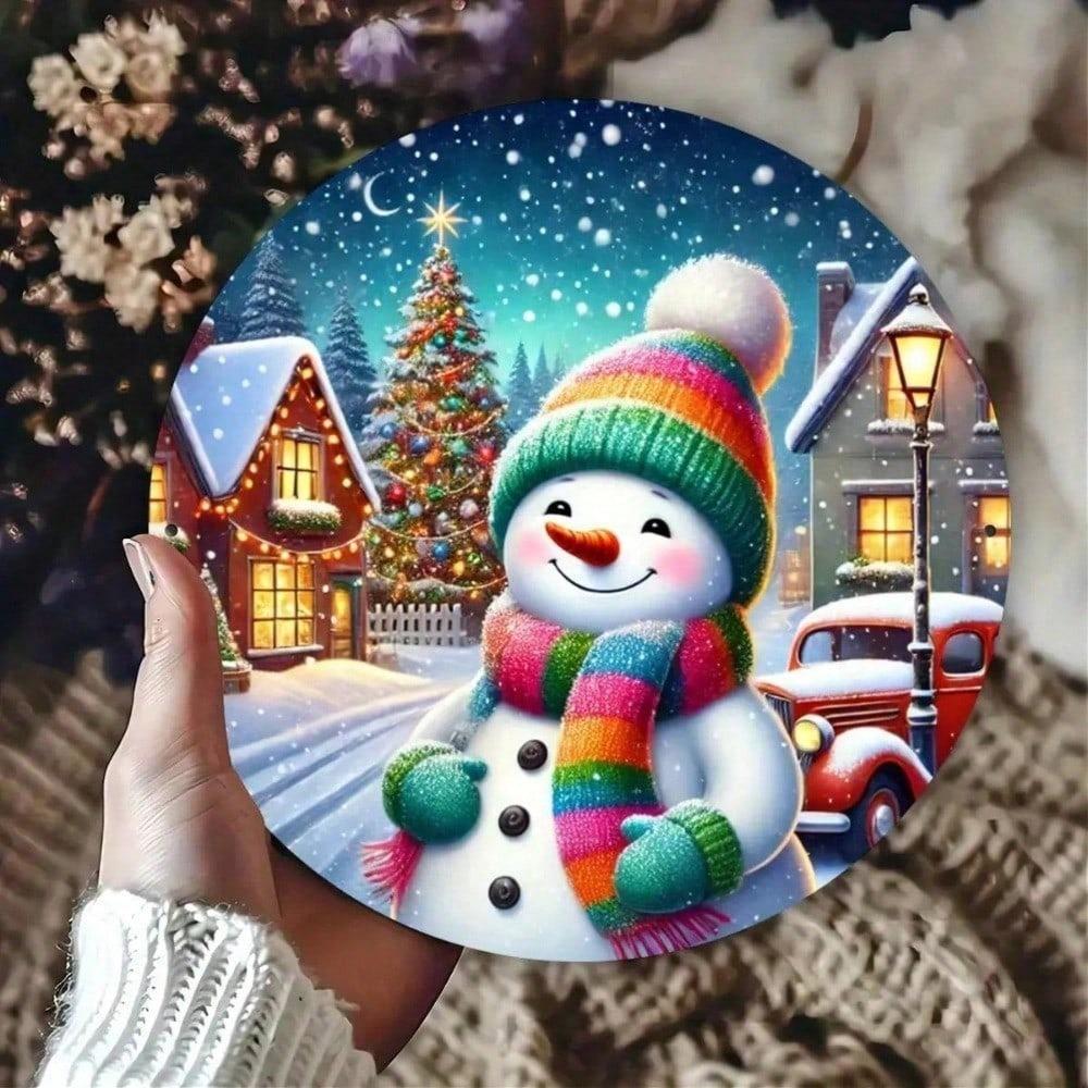 Vintage Santa Snowman Metal Sign Round Wall Art Holiday Home Decor Farmhouse Bar Aluminum
