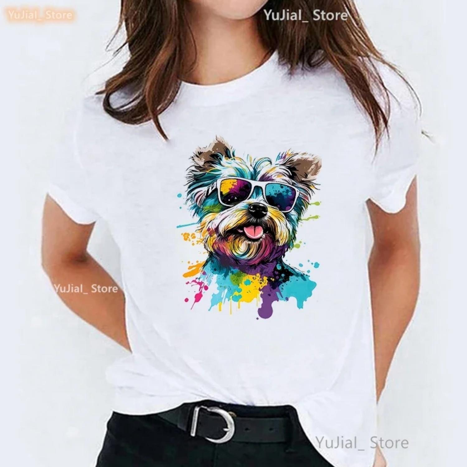 Colorful Pug Yorkshire Terrier Chihuahua Papillon Shih Tzu Print T Shirt Women S Clothing Harajuku Kawaii Dog T-Shirt Femme S