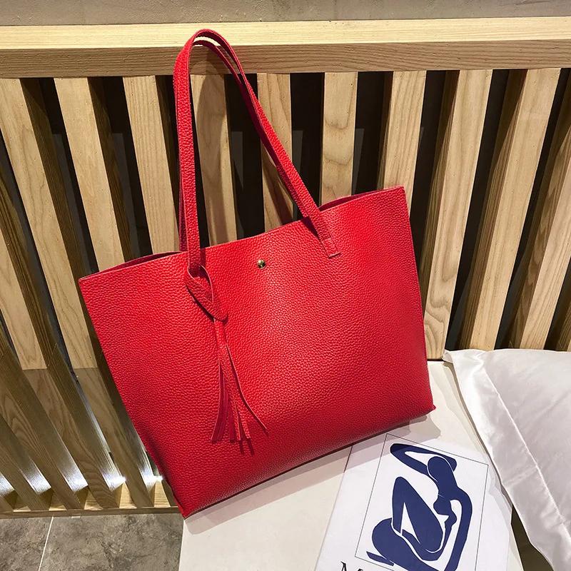 New Trend Women Single Shoulder Bag Casual Large Capacity Pu Lychee Pattern Tassel Outdoor Simple Tote Bag