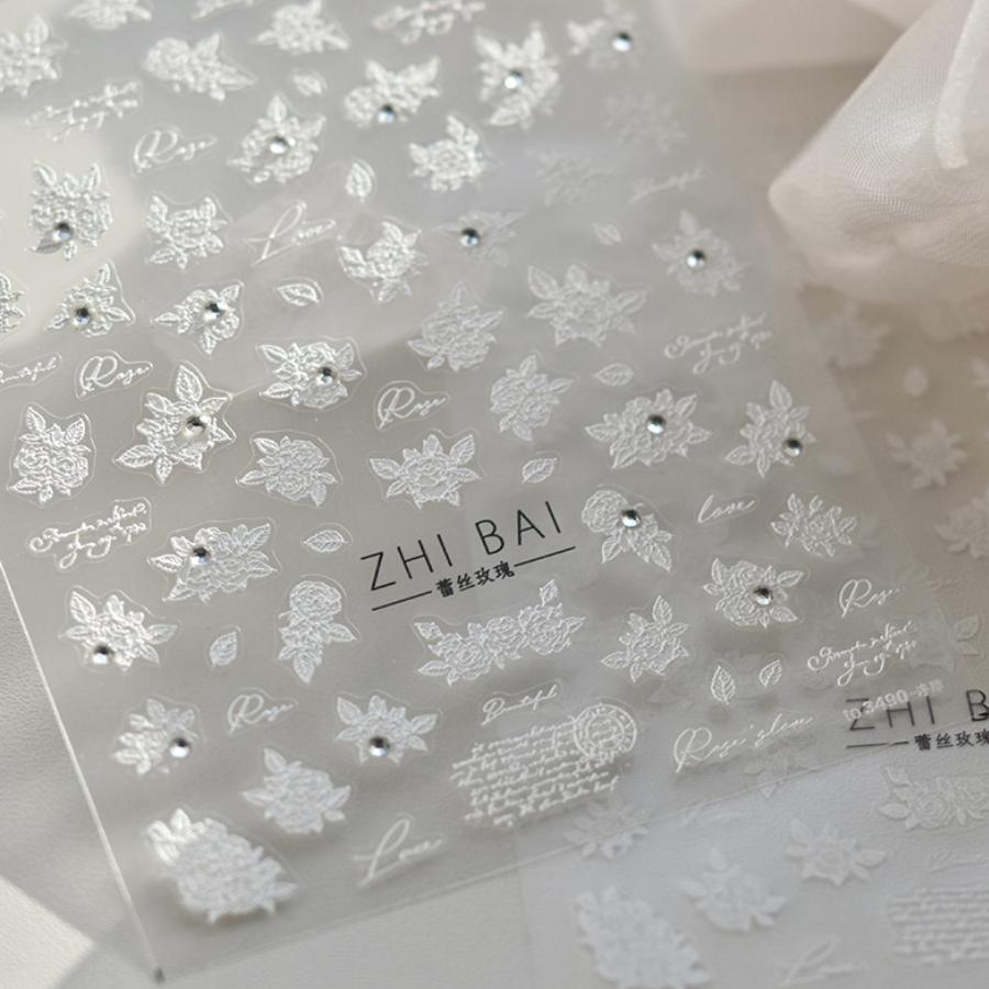 1pcs 5D Diamond White Lace Bow Nail Art Stickers Pearl Rhinestones Nail Decoration Adhesive Decals Slider DIY Accessory